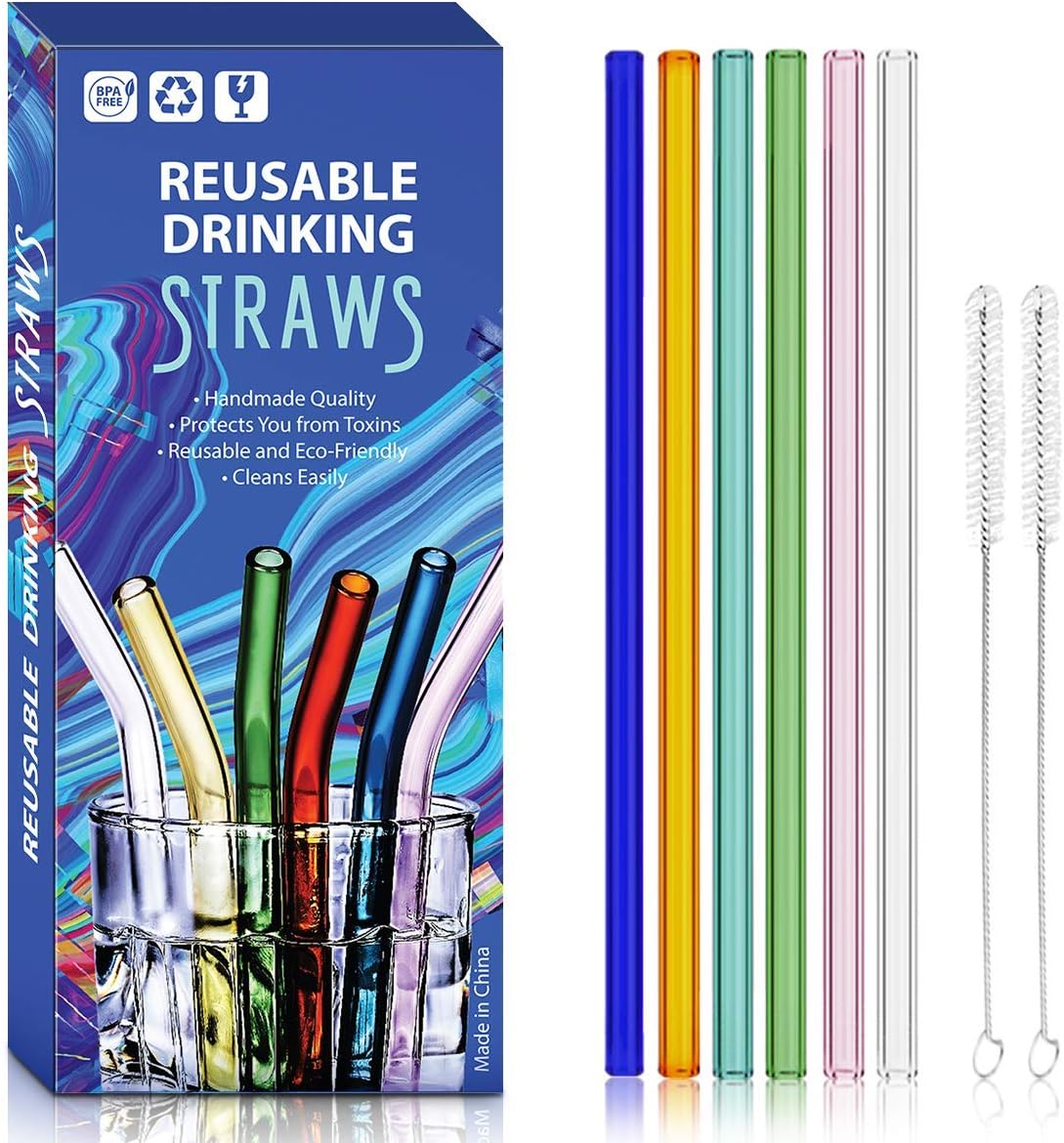 Reusable Glass Drinking Straws, Set of 6 With 2 Cleaning Brushes,Shatter Resistant,BPA Free, Non-Toxic, Eco-Friendly, for Juice,Milkshakes, Frozen Drinks, Smoothies,8'' x10mm, Multi Color (6 Straight)