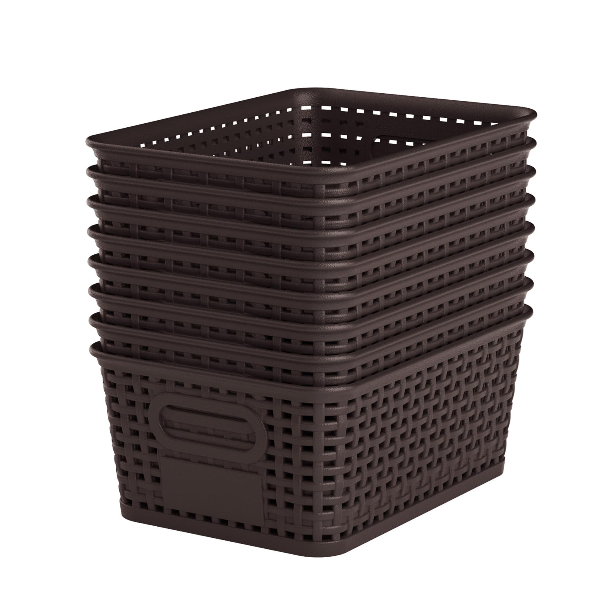 Photo 1 of WRRLORS Brown Plastic Storage Baskets - Pack of 8 with Labels Stackable Durable Storage Bins, Storage Containers for Organizing Desktops, Closets, Playrooms, Classrooms, Offices