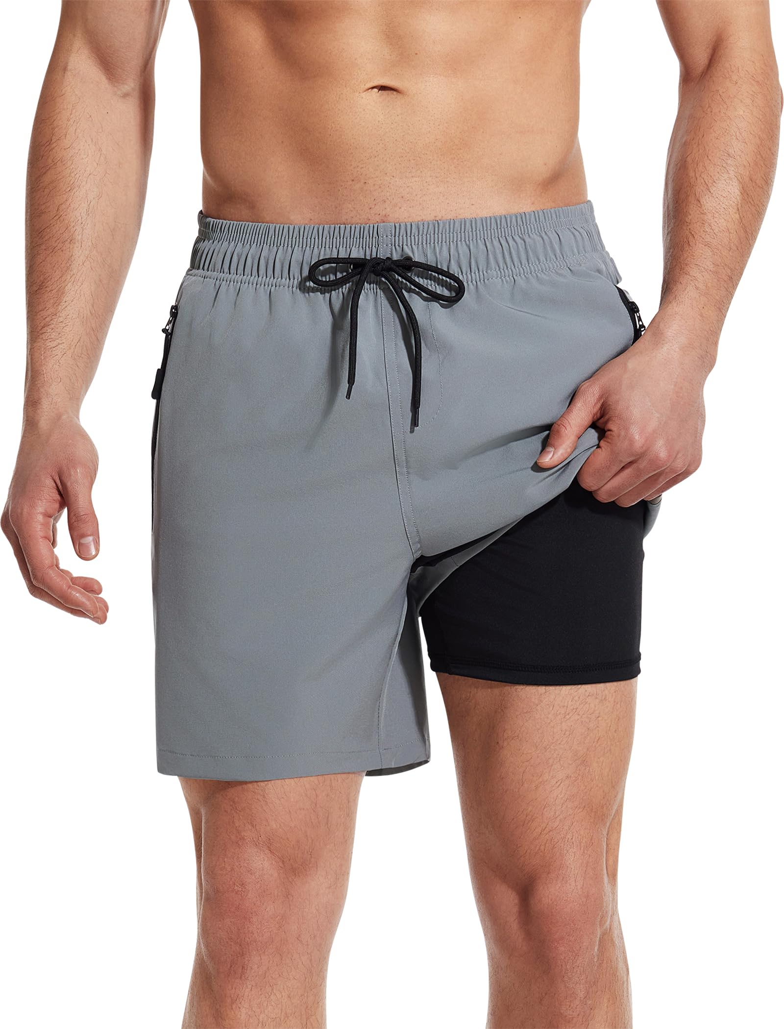 Photo 1 of ****SIMILAR***** SILKWORLD Mens Swimming Trunks 6 Inch Quick Dry Bathing Suit 2 in 1 Summer Swimwear Swim Shorts with Zipper Pockets Light Grey Medium