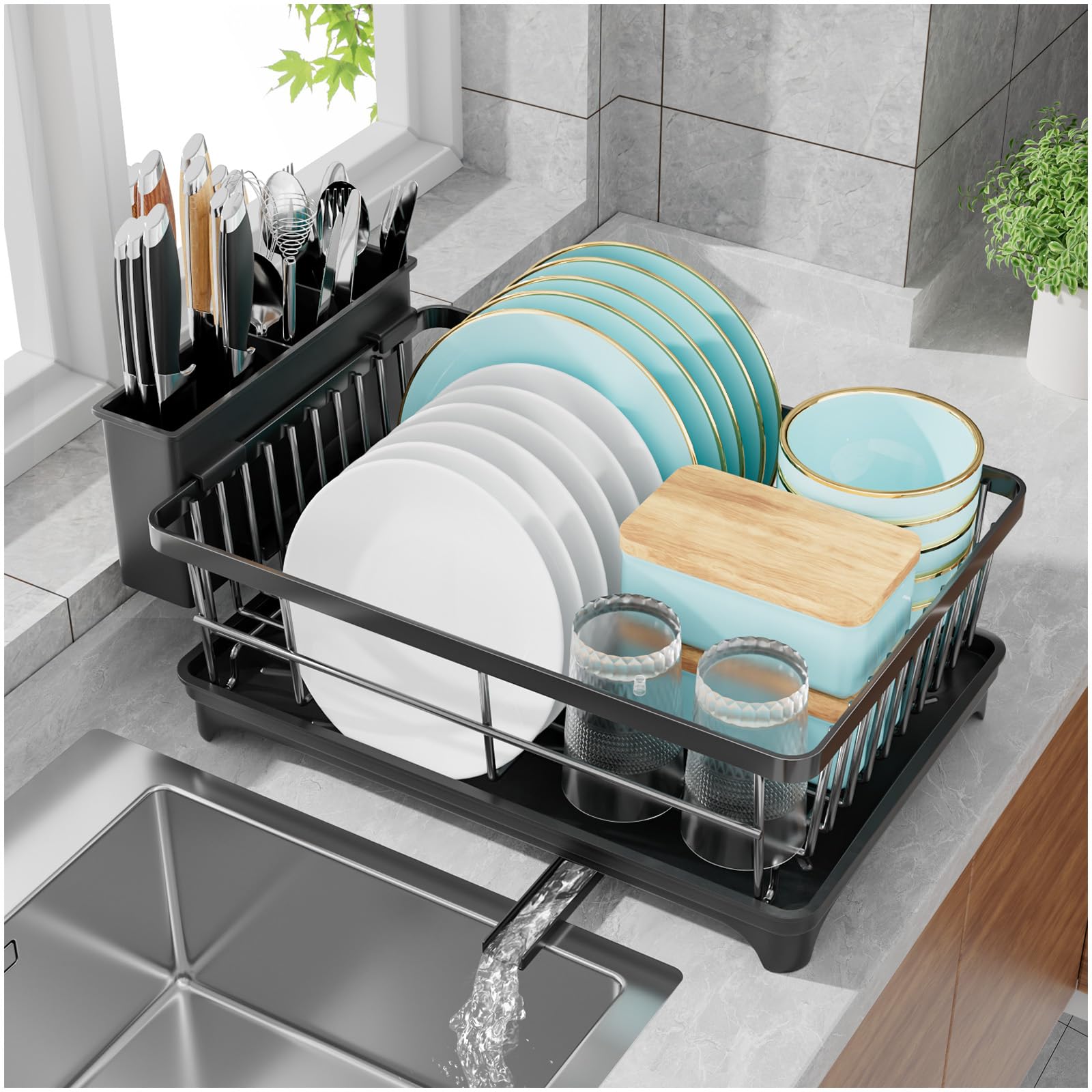 Photo 1 of 7 code Dish Drying Rack, Space-Saving Dish Racks for Kitchen Counter, Rustproof Dish Drainer Organizer with Utensil Holder, Dish Rack with Drain Board, 11.2''W x 15.2''L, Black