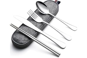 DEVICO Camping Utensils, Portable Travel Utensils with Case, Stainless Steel Reusable Silverware for Lunch Adult, 5Pcs Cutler