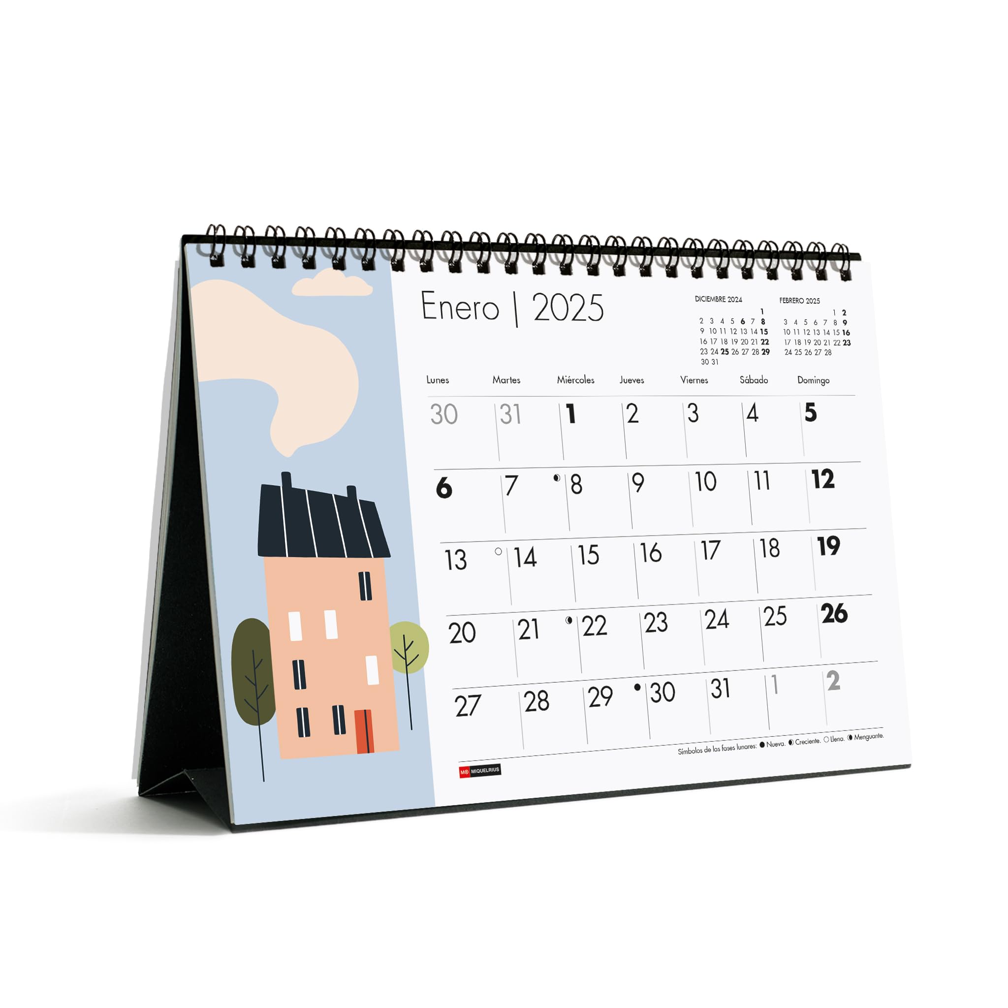 Miquelrius Desktop Calendar 2025 A5 210 x 148.5 mm with Writing Space 2025 Calendar Double Spiral Binding Annual Desk Calendar Spanish Design Houses