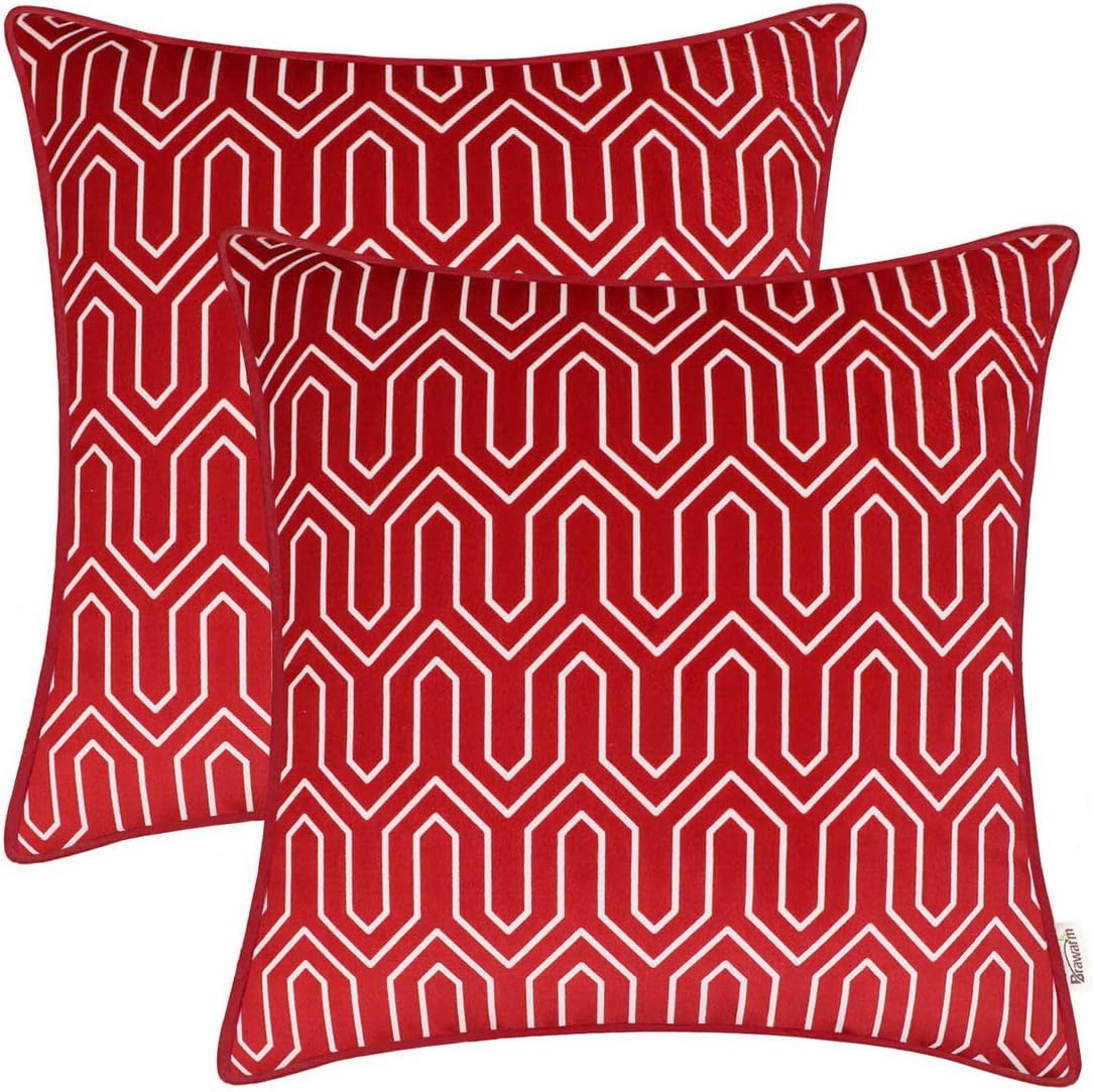 BRAWARM Pack of 2 Cozy Fleece Throw Pillow Covers Cases for Couch Sofa Manual Hand Painted Print Chevron Geometric with Cording 18 X 18 Inches Burgundy