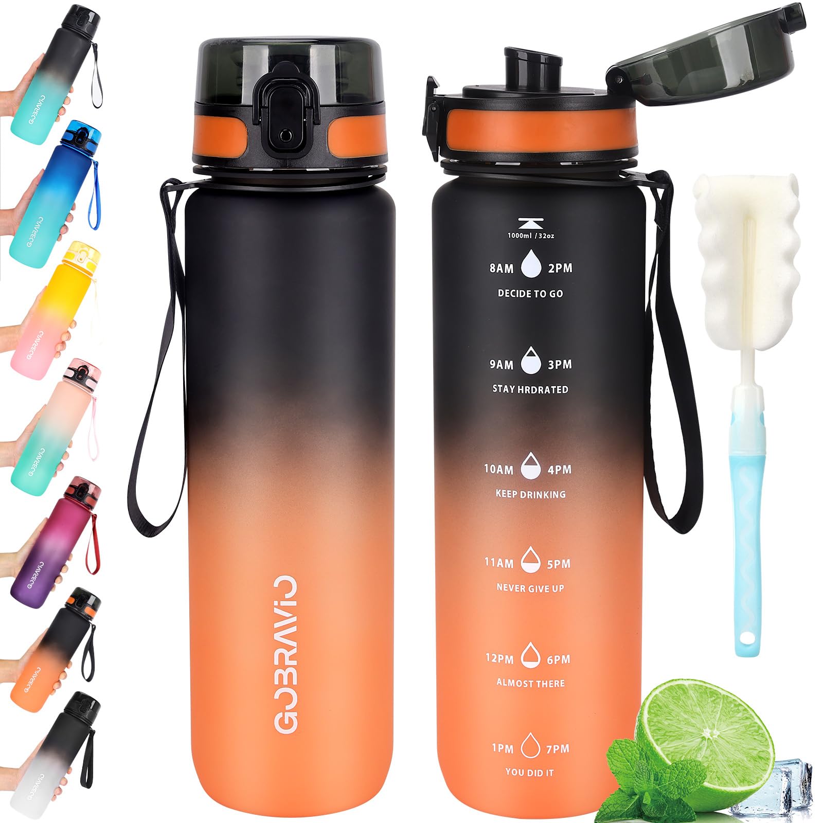 Gobravio Water Bottle 1L BPA Free Sports Drink Bottle Dishwasher Safe Canteen Bottle Leakproof Motivational Water Bottle with Time Markings