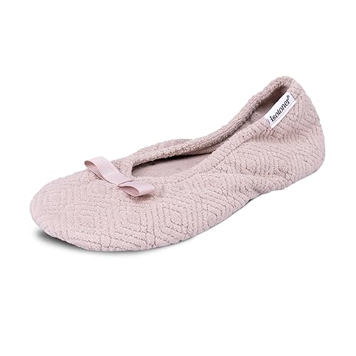 Isotoner Women's Microterry Gemma Ballerina Slippers with Memory Foam Comfort and Suede Sole, Taupe Diamond, 5-6
