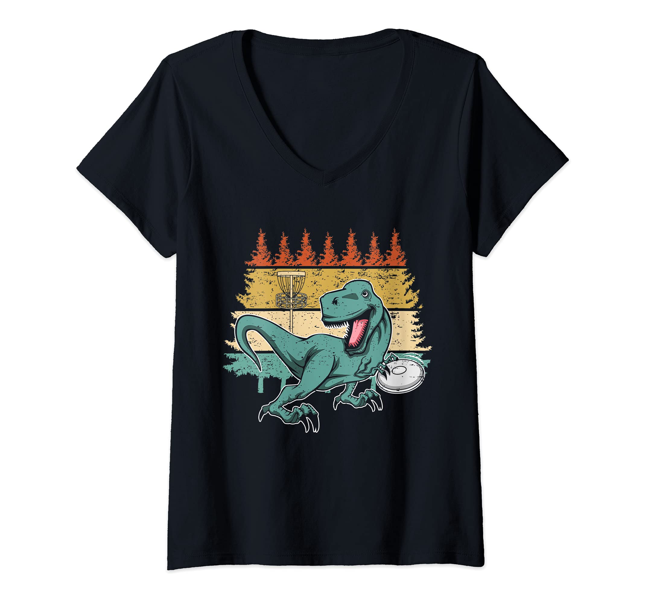 Womens Vintage Disc Golf Player I Dinosaur Disc Golf Basket Retro V-Neck T-Shirt