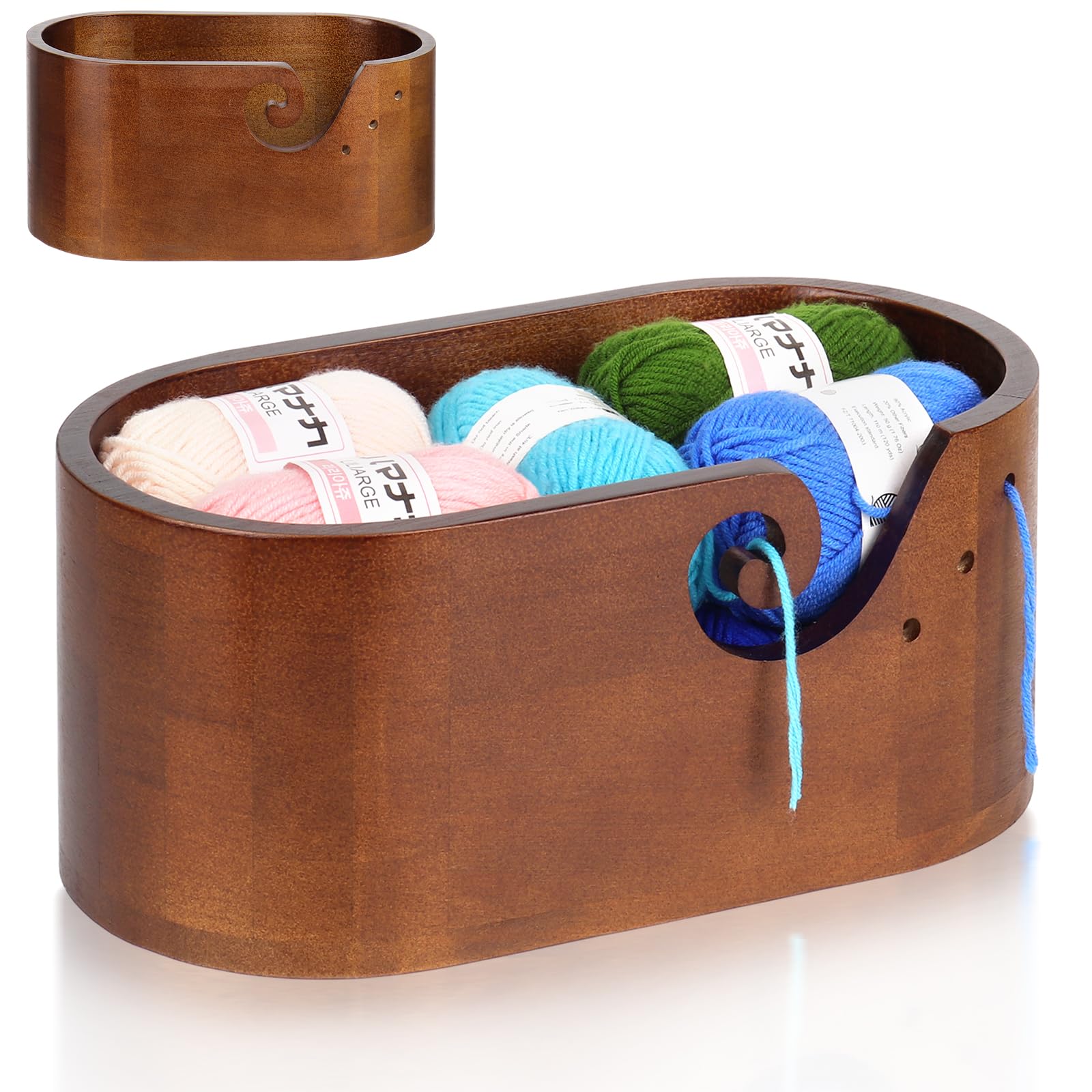 Reessy Yarn Bowl, Wooden Yarn Storage Bowl with Holes for Crocheting and Knitting, Large Crafted Yarn Keeper Bowl 28.5 cm×15.5 cm×12.0 cm, Heavy Yarn Holder for Big Yarn Balls Storage