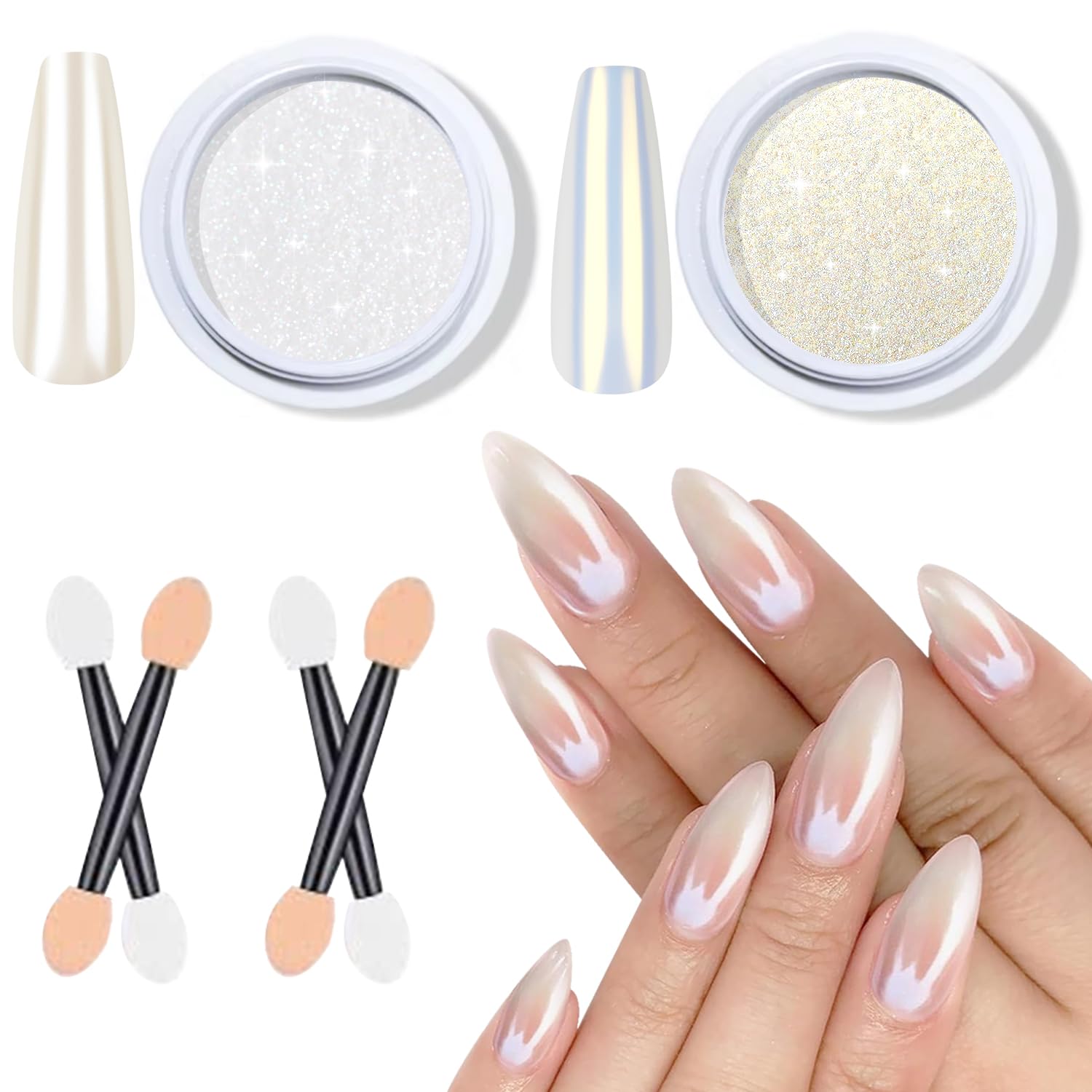 BISHENGYF Pearl Chrome Nail Powder【Super Aurora】White Chrome Nail Powder Transparent Nail Chrome Powders Clear Mermaid Nail Glitter Unicorn Manicure Decoration for Nail Art DIY Lover, Easy to Use Set