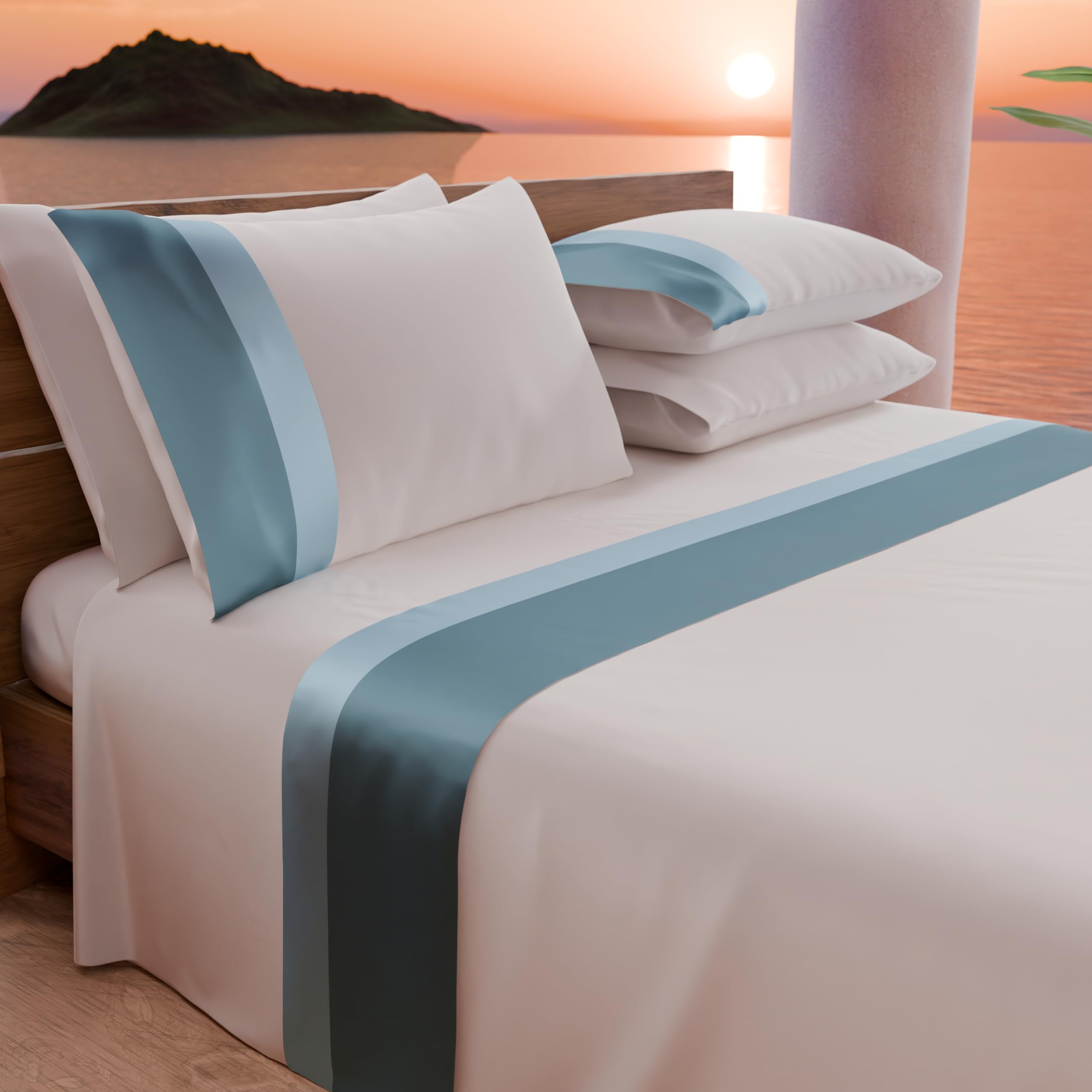 PETTI Artigiani Italiani - Double Bed Sheet Set with Double Satin Frill, 4 Pieces, 180 x 200 cm, Percale Cotton Sheets - Fitted Sheet, Top Sheet and 2 Pillowcases, Light Blue