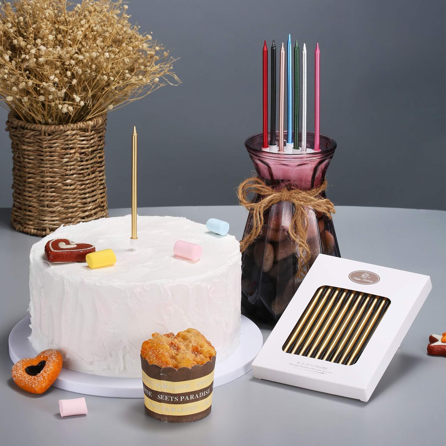 Pfizermay 24 Count Metallic Birthday Candles in Holders Gold Tall Birthday Cake Candles Long Thin Cupcake Candles for Birthday Wedding Party Decoration (Gold): Home & Kitchen