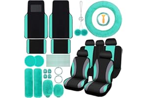 ROCEEI 47 Pcs Car Seat Cover Full Set Car Accessories for Car Front Rear Seat Cover Fluffy Steering Wheel Cover Seat Belt Automotive Floor Mats Car Air Conditioner Decoration Strip (Mint)