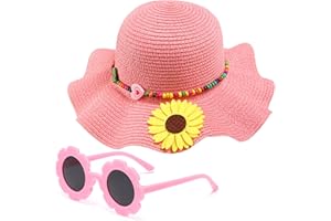 PENINPHA Girls Straw Hat with Flower Round Sunglasses, Summer Foldable Large Brim Sunflower Bowknot Beach Toddler Straw Sun Hat, 2-6T
