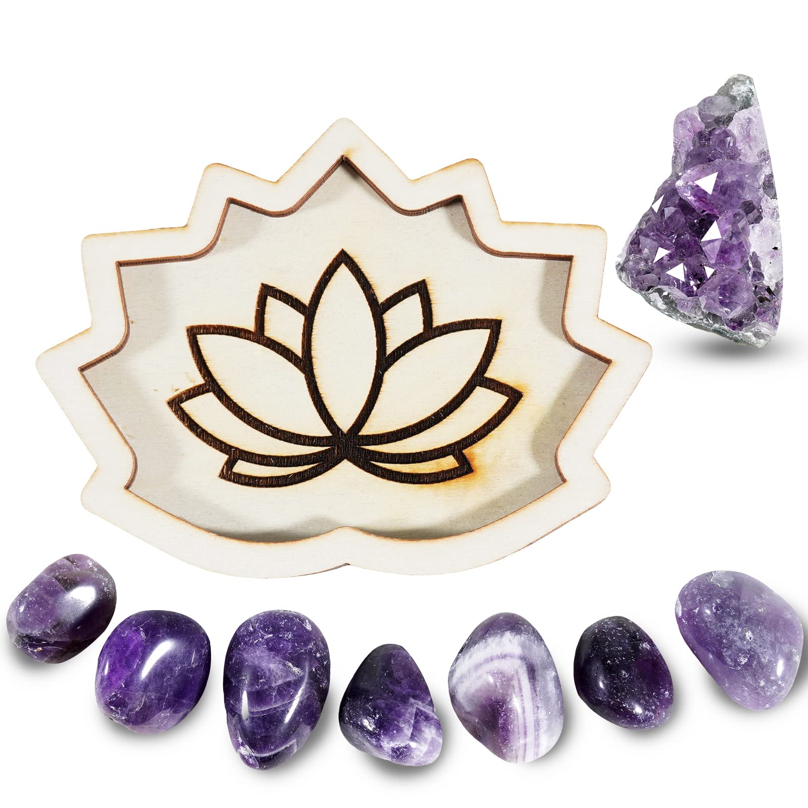 Soulnioi Lotus Wooden Tray Holder Decorative Display Flower Trays for Jewelry/Crystal/Gemstones (White), 1PC Irregular Amethyst Crystal, 7pcs Polished Amethyst Crystal Stones for Reiki Healing