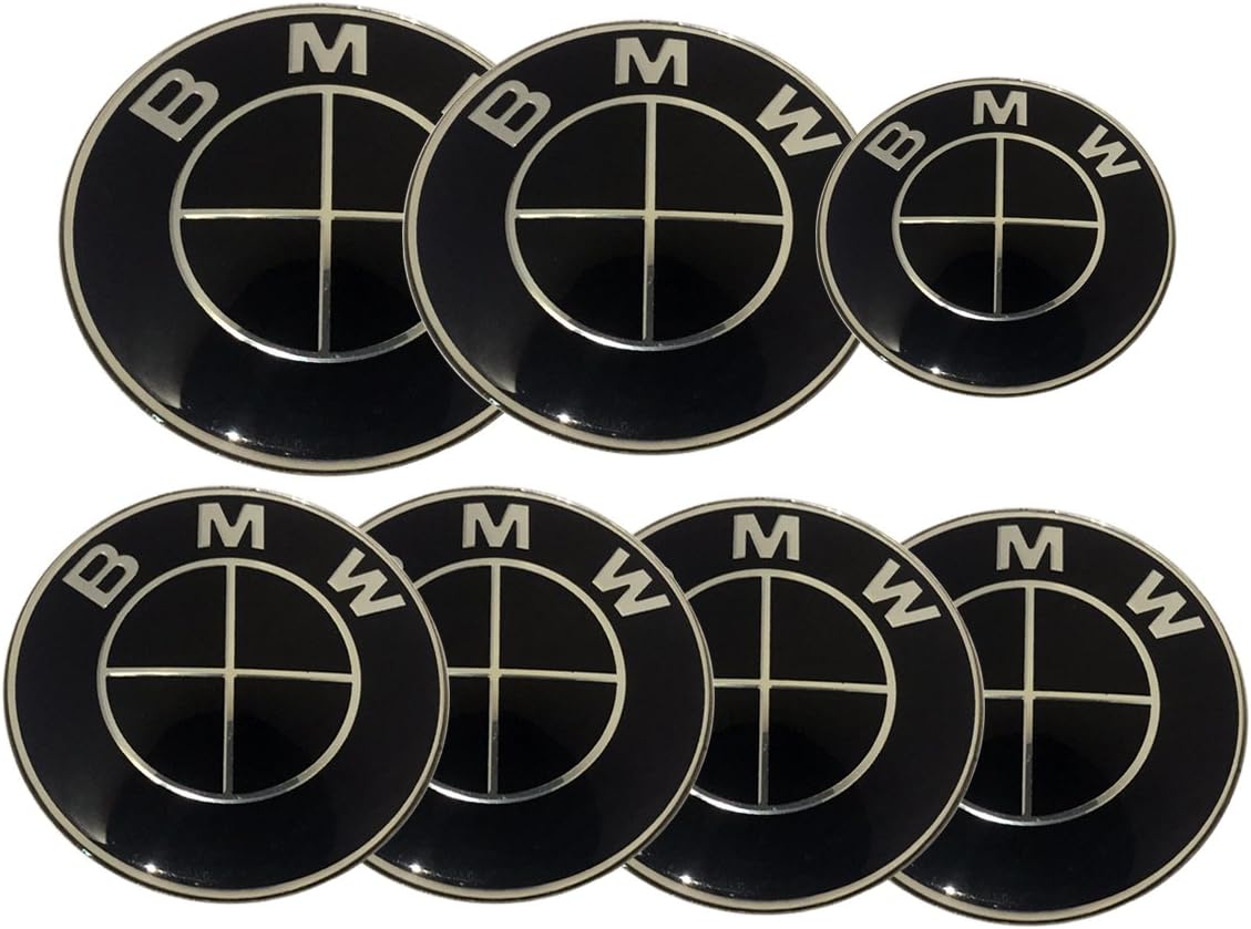 Replacement Dark Black Silver Cross Round Emblem 7pcs 82mm Front 73mm Behind 68mm Wheel Caps Emblem 44mm Steering