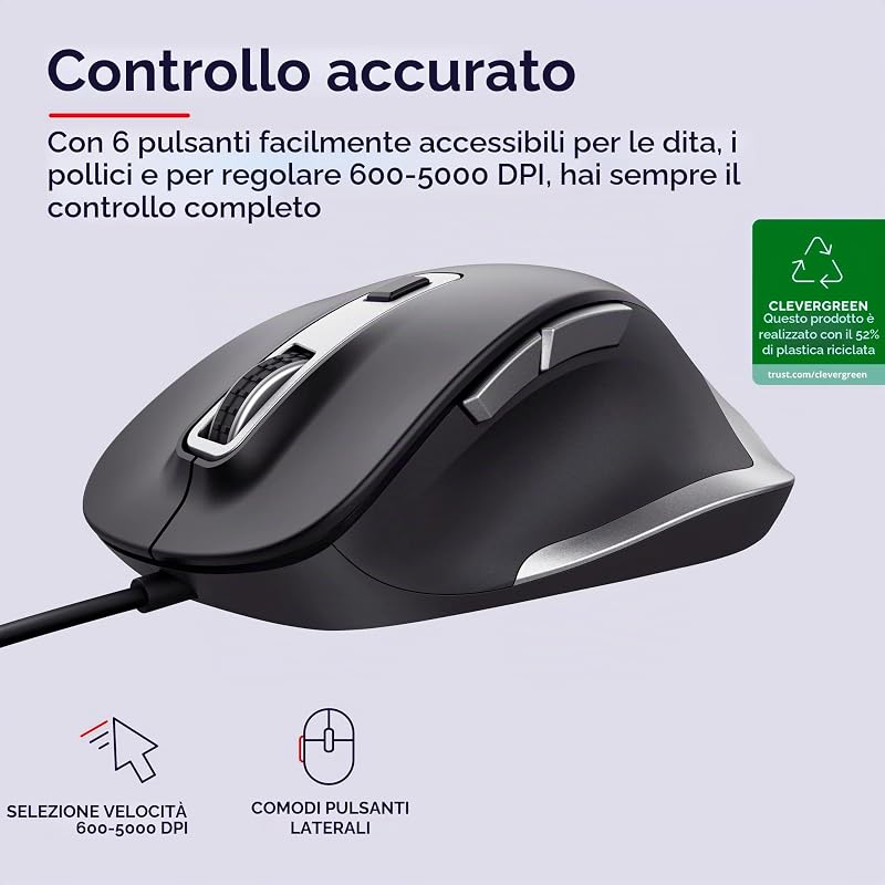 Fyda Mouse con Filo 600-5000 DPI, 6 Pulsanti, Forma Sagomata, Nero