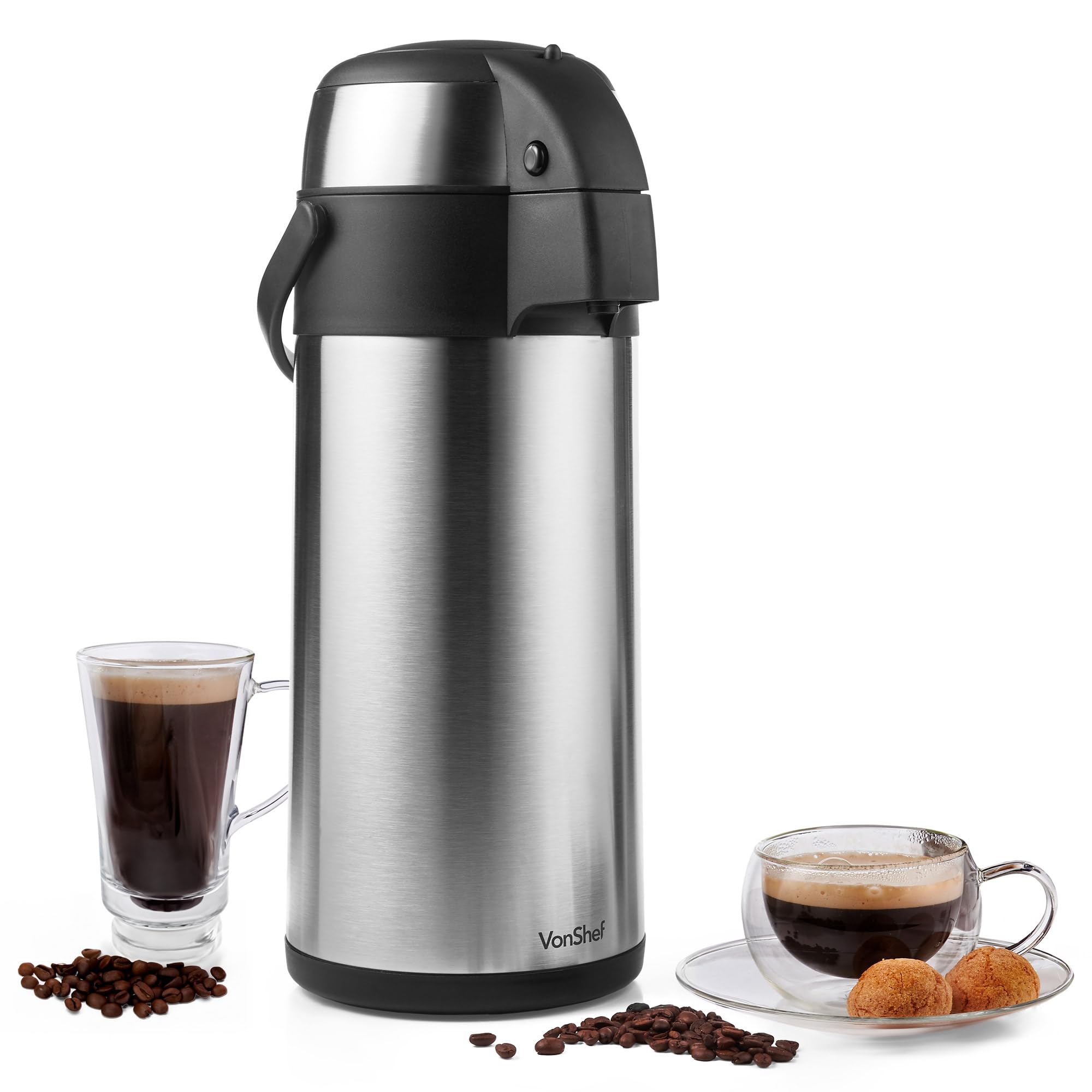 VonShef Airpot, 5L Stainless Steel Coffee Dispenser with Vacuum Pump, Double Wall Insulated Coffee & Tea Urn with Safety Lock & Carry Handle