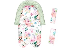 Jundetye Car Seat Head Support Infant, Baby Head Support with Strap Covers for Girls Boys, Soft Minky Car Seat Headrest for Strollers, Swing, Pink Watercolor Flower