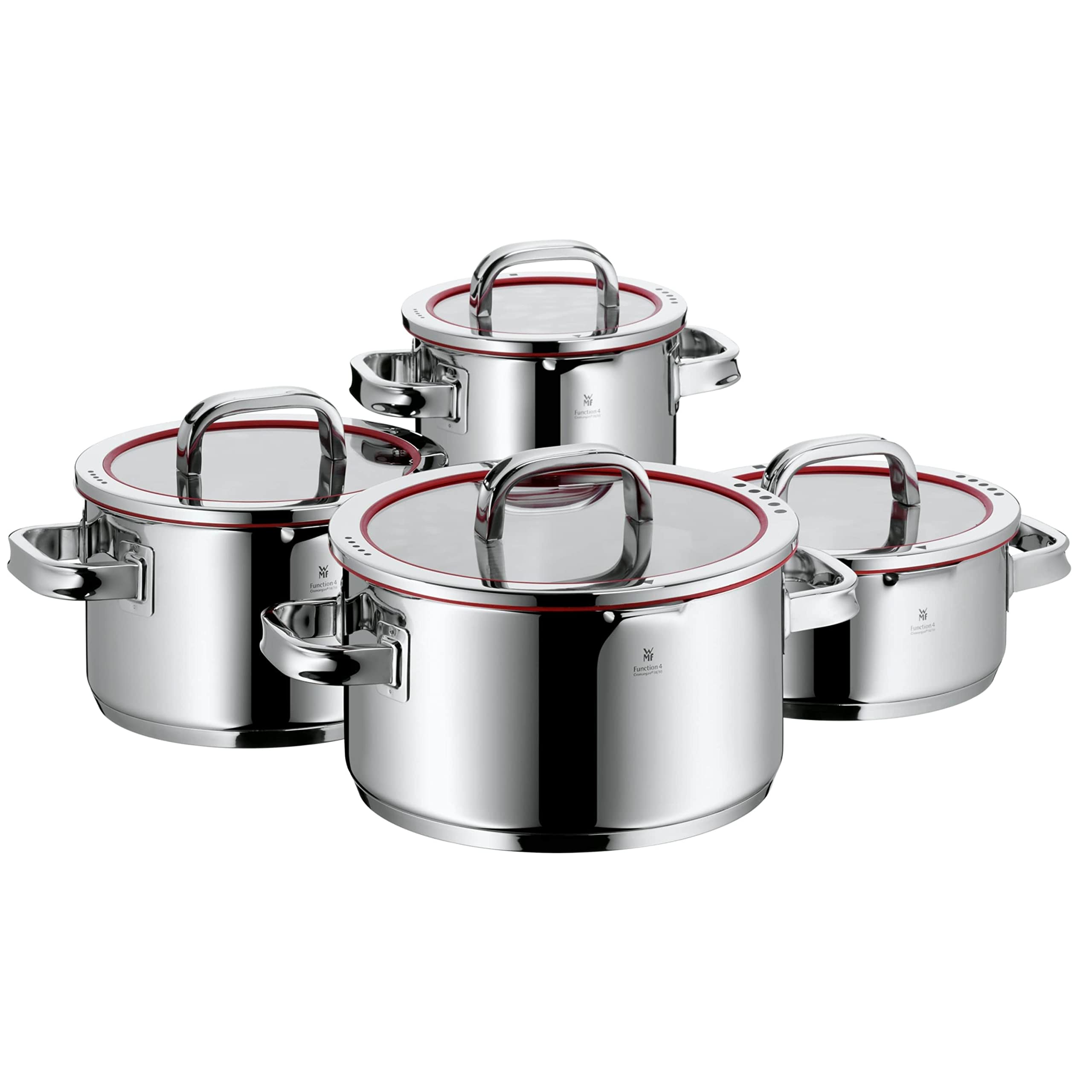 WMF Function 4 Lid with 4 Pouring Functions Hollow Handles Cromargan Pot Set, Silver, 4-Piece