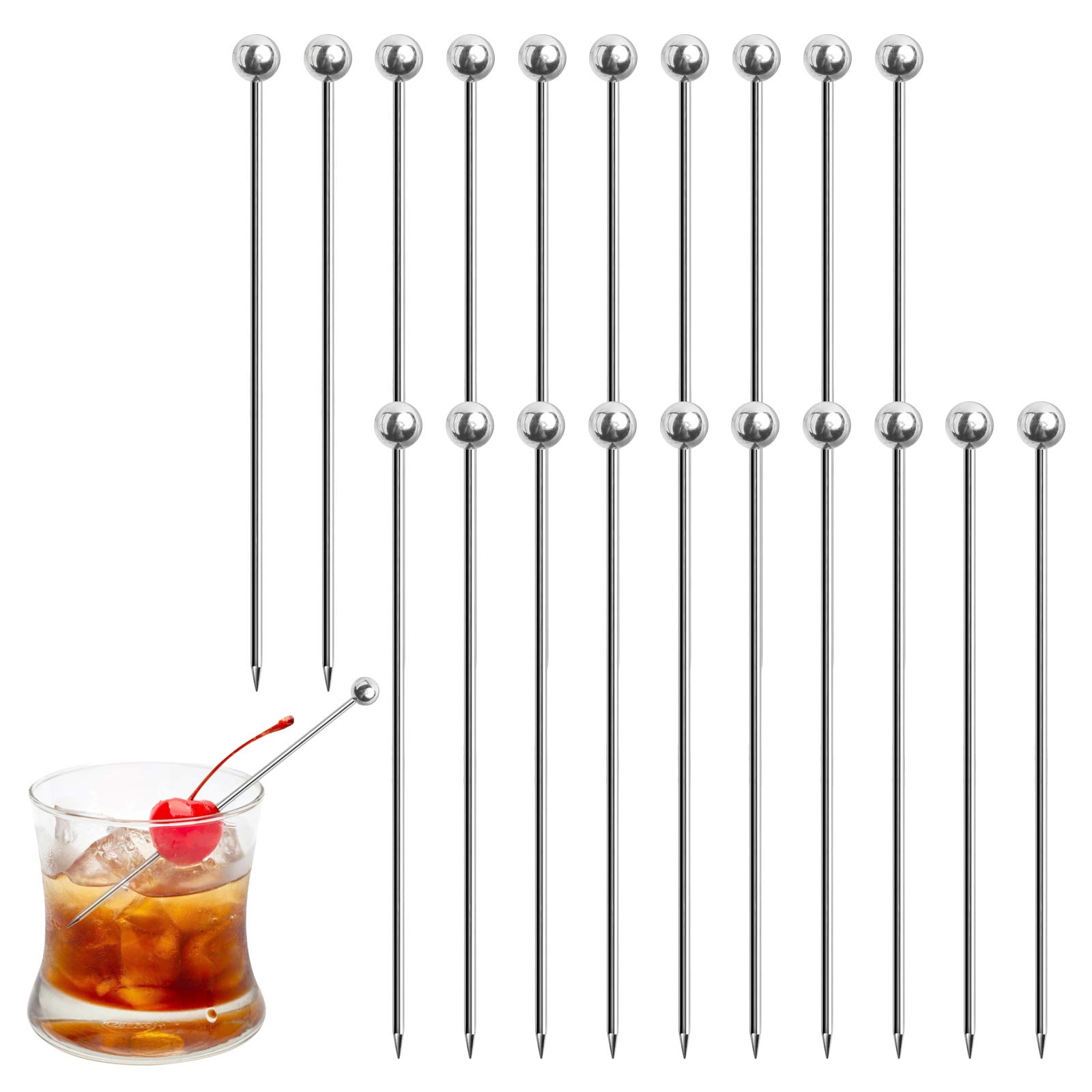 DONQL Stainless Steel Cocktail Sticks Set Reusable Fruit Sticks Toothpicks Metal Martini Skewers Drink Picks for Cocktail Party, Barbeque Snacks,Appetizers,Hamburger,etc.(20)