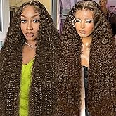 BIANFA 30 Inch Chocolate Brown Deep Wave Lace Front Wigs Human Hair 220 Density 13x6 HD Lace Frontal Wig Curly Human Hair Pre Plucked Wig for Women Brown Glueless with Natural Hairline