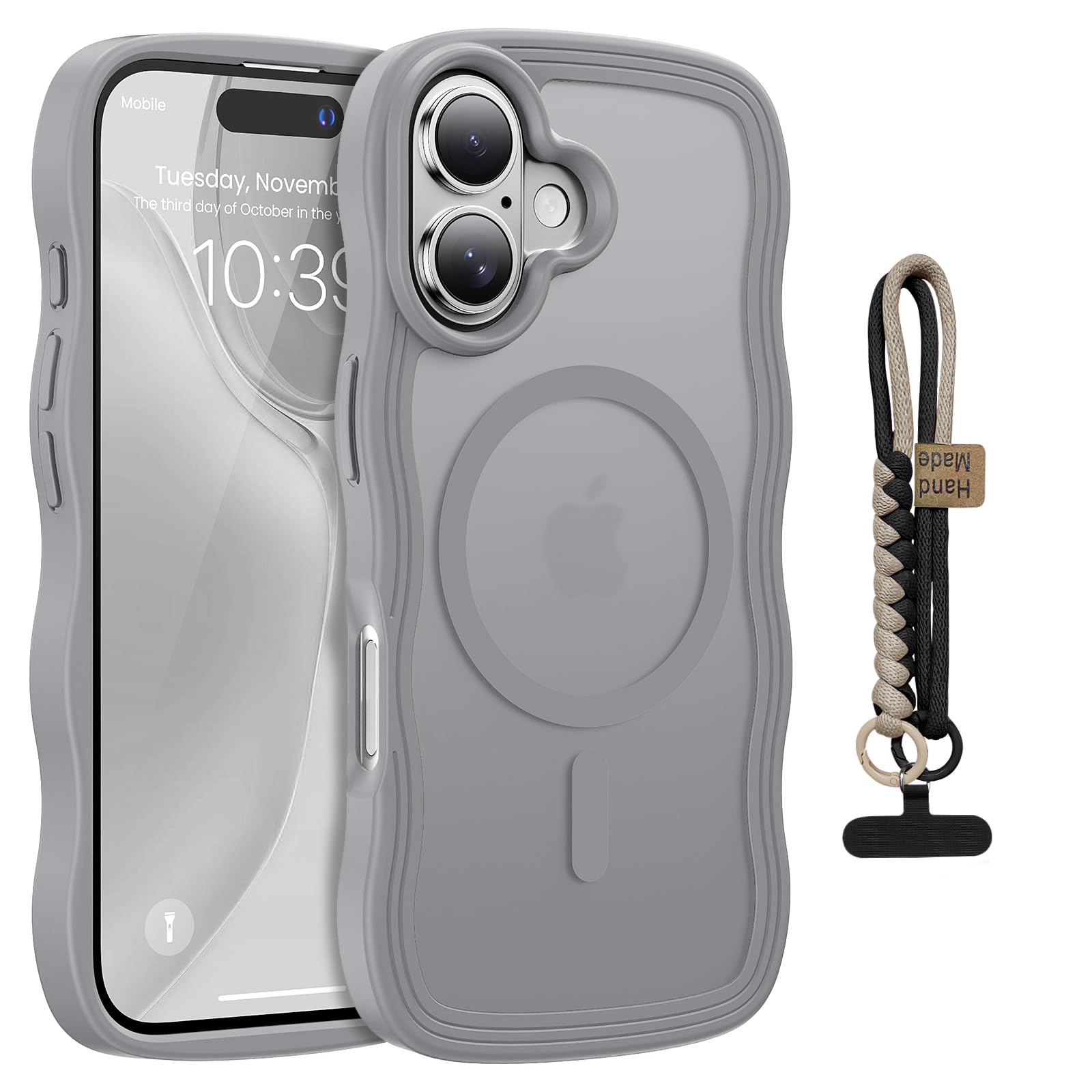 Leriufa for iPhone 16 Case Cute Wavy Matte Gray |Compatible with MagSafe,Color-Matched Lanyard,Military Grade Shockproof,Slim & Durable,Travel-Ready & Stylish