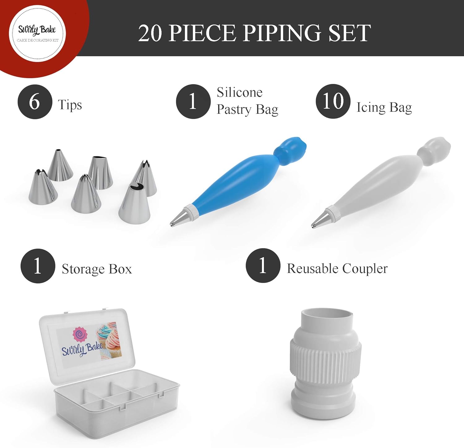 Swirly Bake Cake Decorating 20 Piece Set. Stainless Steel Piping Nozzles Tips, 1 Reusable Piping Bag, 1 Coupler - Image 3