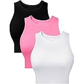 COZYPOIN 3 Pcs Womens Tank Tops Crop Slim Fitted Racerback Sports Tanks Casual Basic Seamless Ribbed Sexy Yoga Gym Shirts(Black+White+HotPink-M)
