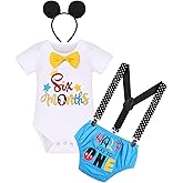 Halfway to One Baby Boy Outfit 1/2 Birthday Romper Onesies+Diaper Cover Shorts+Y-Back Suspenders+Mouse Headband Gentleman Formal 4pcs Set Cake Smash Photography for Toddler Blue-Six months 6-12M