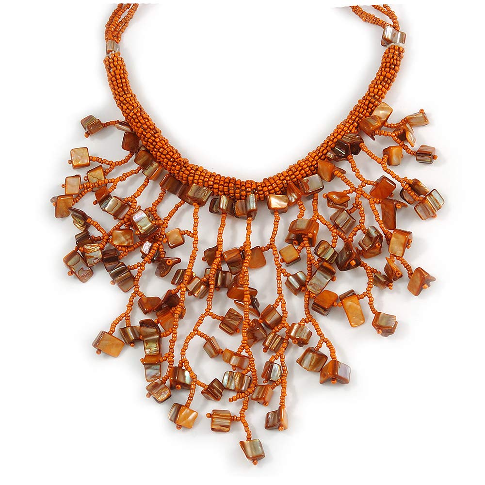 Avalaya Rusty Orange Shell Nugget Glass Bead Fringe Necklace/42cm L/ 13cm Front Drop
