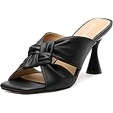 WAYDERNS Women's High Heeled Sandals Square Open Toe Knotted Strap Slip on Heels Chunky Cup Shape Heel Mules for Wedding Evening Party Elegant Sexy 3 Inch Summer Dressy Shoes