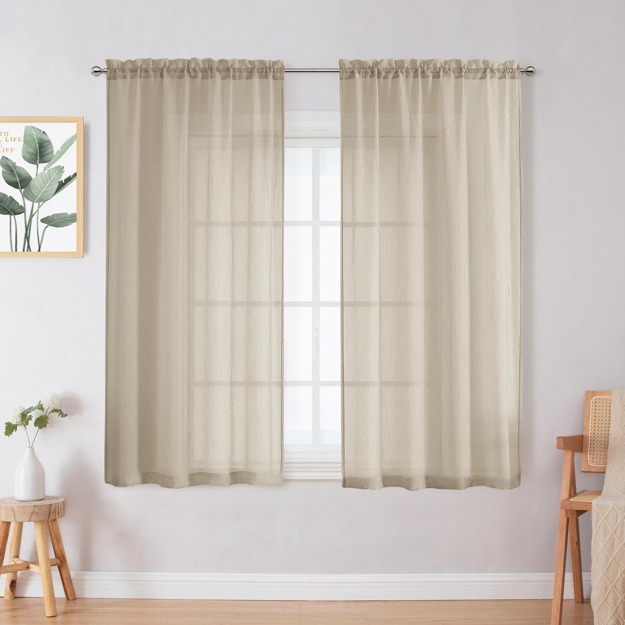 Chyhomenyc Crushed Sheer Curtains 54 Inch Length 2 Panels, Crinkle Voile Light Filtering Short Sheer Curtains for Bedroom Living Room, Each 42Wx54L Inches, Taupe