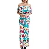Suimiki Women's Off-the-Shoulder Floral Short-Sleeve Long Maxi Dress, Blue, Small