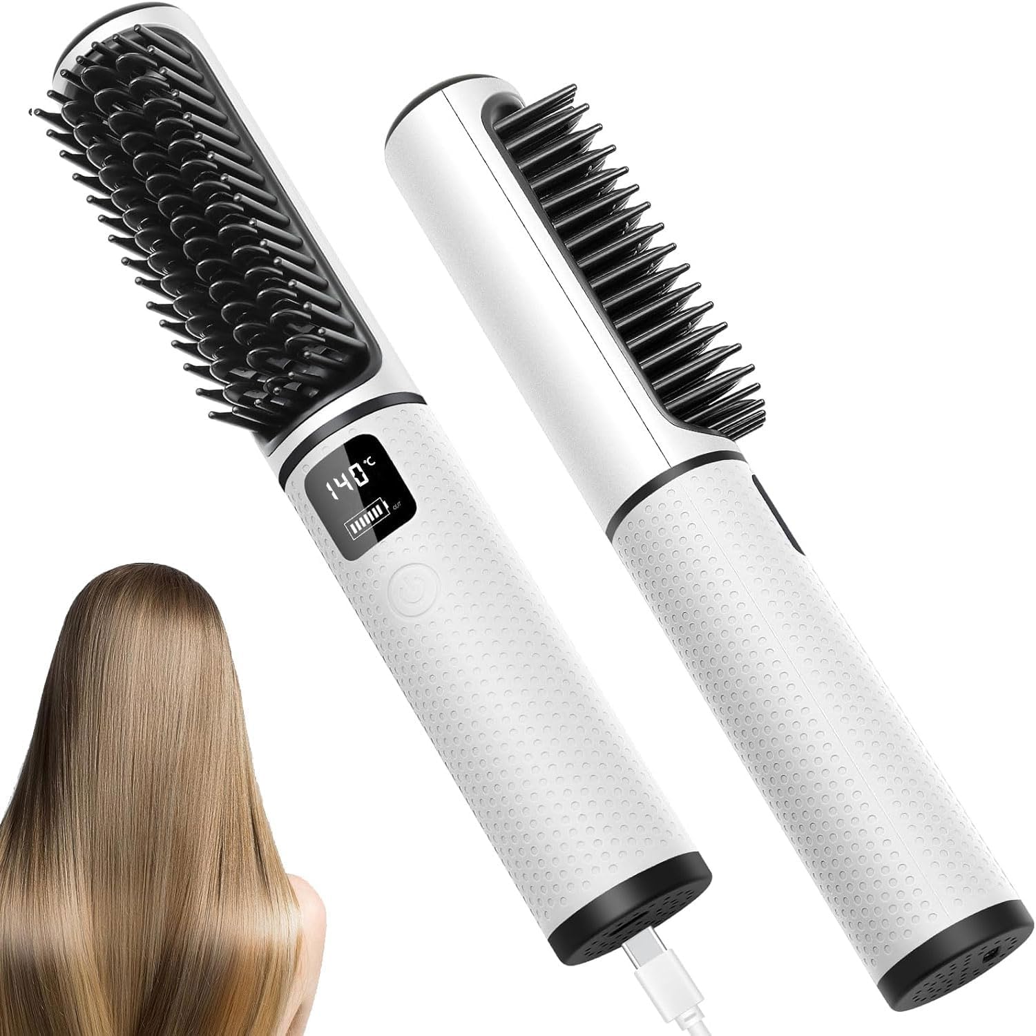 OBEST Cordless Hair Straightener Brush, 5000 mAh 2 in 1 Mini Portable Travel Wireless Straightener Comb, 4 Temp Settings, Hair Straighteners Comb for Women Gift (white-YL09)