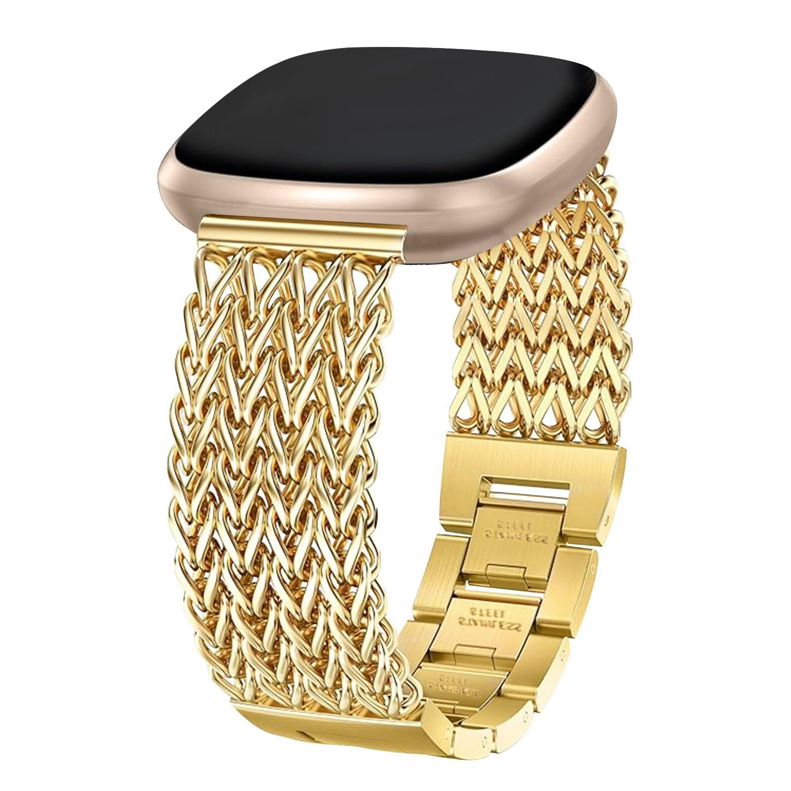 Photo 1 of Alociaga Metal Band Compatible for Fitbit Versa 2/1/Lite/SE, 22mm Dressy Stainless Steel Chain Strap Designer Wristband for Fitbit Versa Smartwatch (Gold)