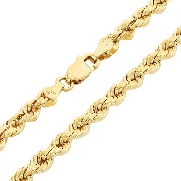 10K Yellow Gold Rope Chain Necklace - 3MM Diamond-Cut Twisted Hollow Link, Italy Made