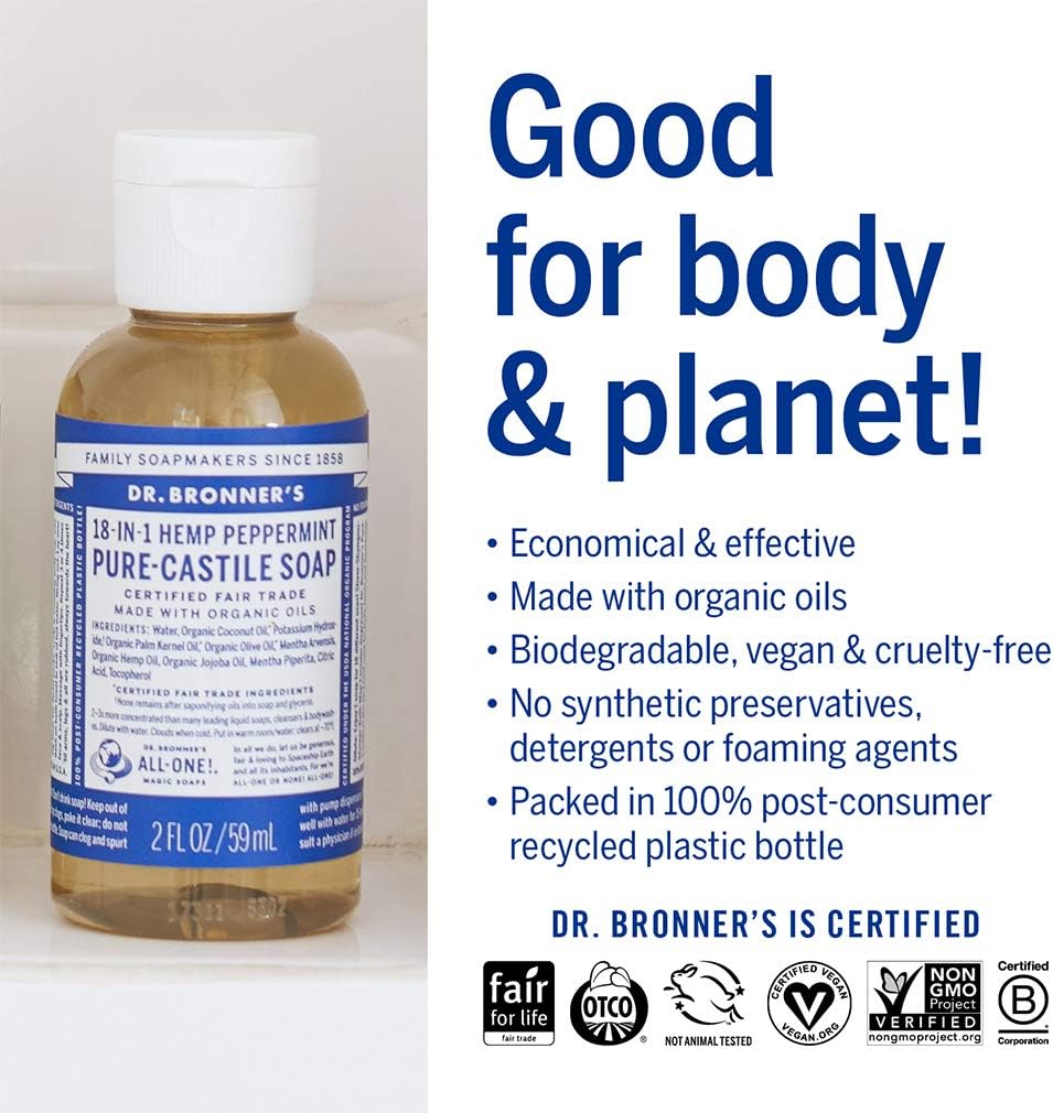 Dr. Bronner's Organic Peppermint Pure-Castile Liquid Soap, 59 ml, 59 ml (Pack of 1) - Image 5