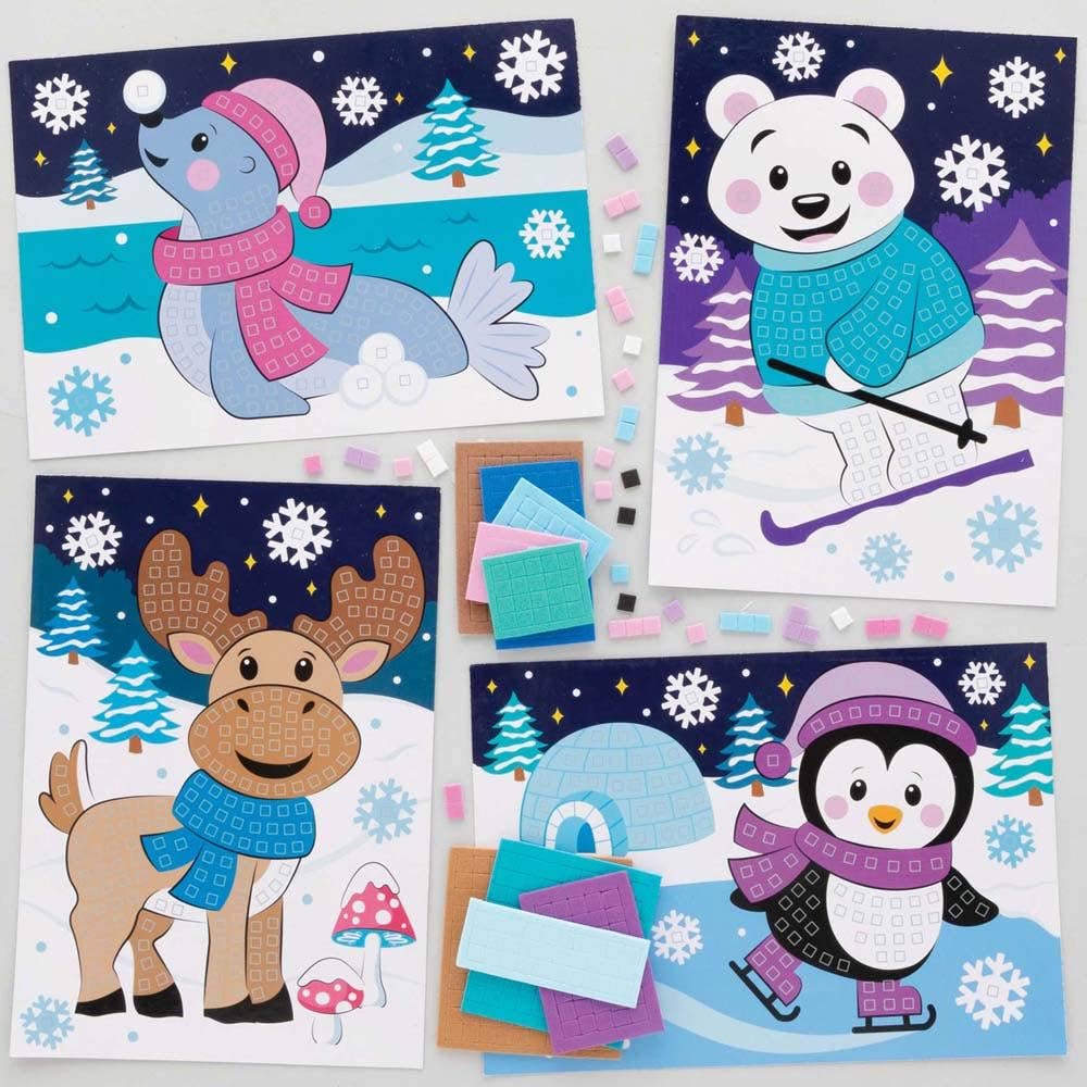Baker Ross FC287 Artic Pals Mosaic Picture Kits - Pack of 4, Winter Mosaic Tiles Arts and Crafts, Christmas Mosaic Kits for Children, Creative Activities for Kids