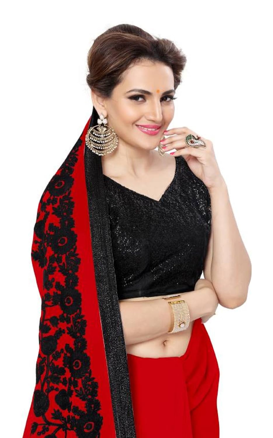 vrundavanethics women's georgette saree (red and black)