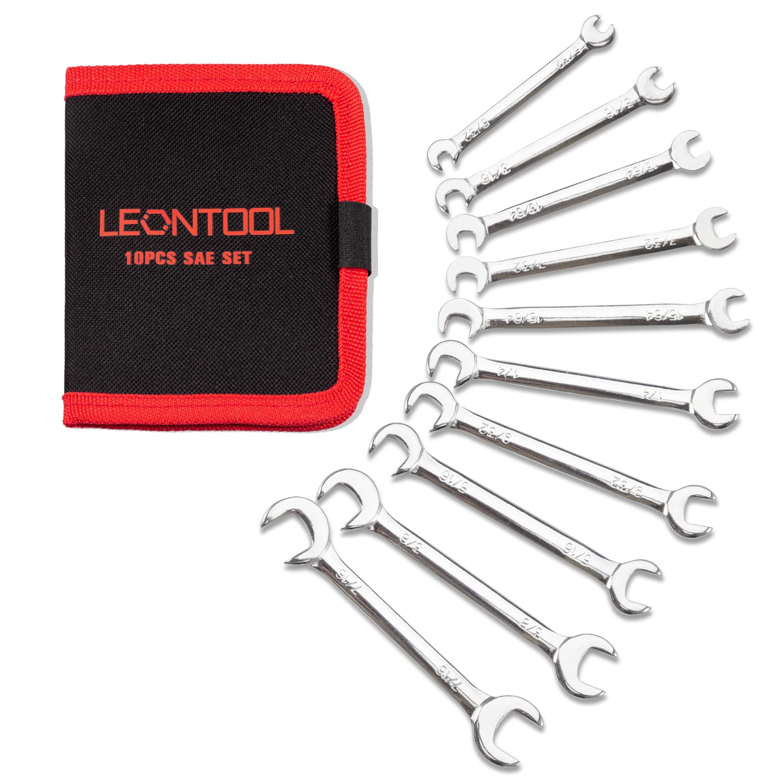 LEONTOOL Mini Double Open End Wrench Set SAE 10 Pcs 5/32" to 7/16" with Portable Storage Pouches Mirror Chrome Finish Super Thin Open Ended Spanner Double Angle Head for Small Fasteners — image 1