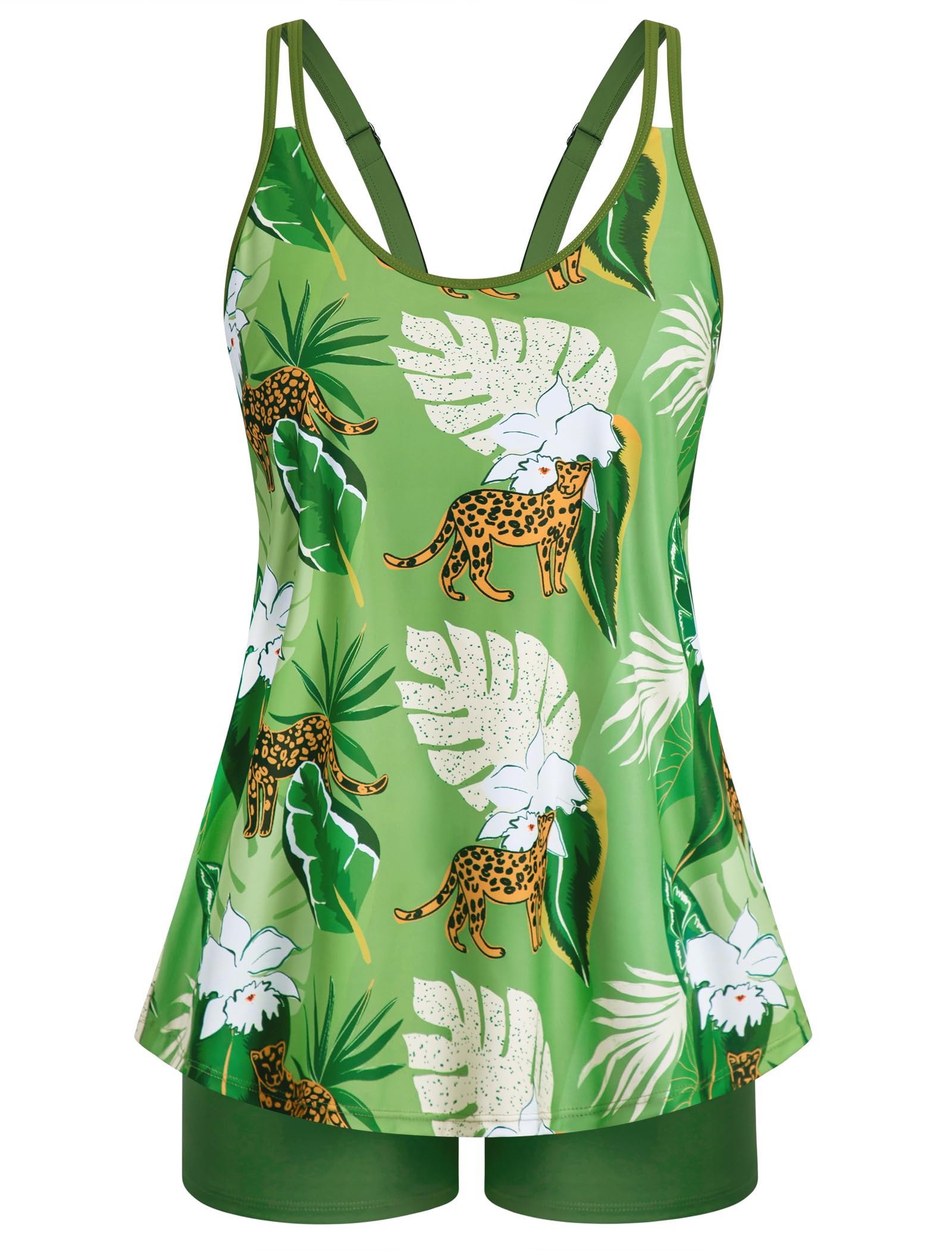 Arolina Womens Tankini Bathing Suits Two-Piece Full Coverage Swimsuit Plus Size Beach Swimwear Army Green Leopard Print 16W Image