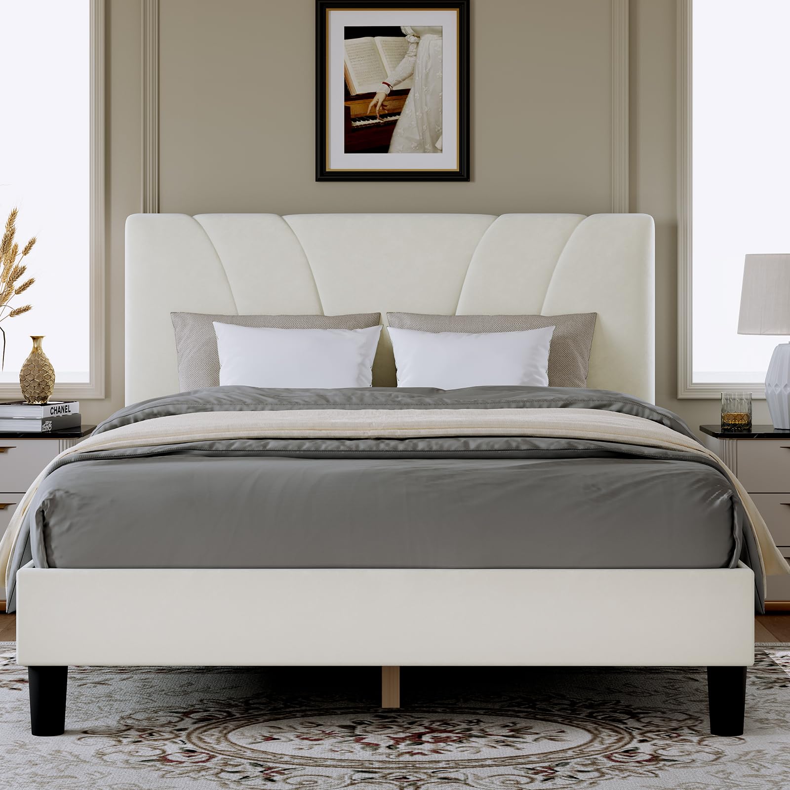 Photo 1 of ***Loose Hardware In Box*** Novilla Full Size Bed Frame with Headboard, Full Bed Frame with Wooden Slats Support, Velvet Upholstered Headboard, No Box Spring Needed, Heavy Duty Feet, Easy Assembly, White Velvet