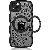 Heaofei Wavy Case for iPhone 14 Case with Stand [Compatible with MagSafe] Cute Black Cat & Floral & Butterflies Pattern Design, Kawaii 360 Magnetic Ring Kickstand Phone Cover for Women Girls