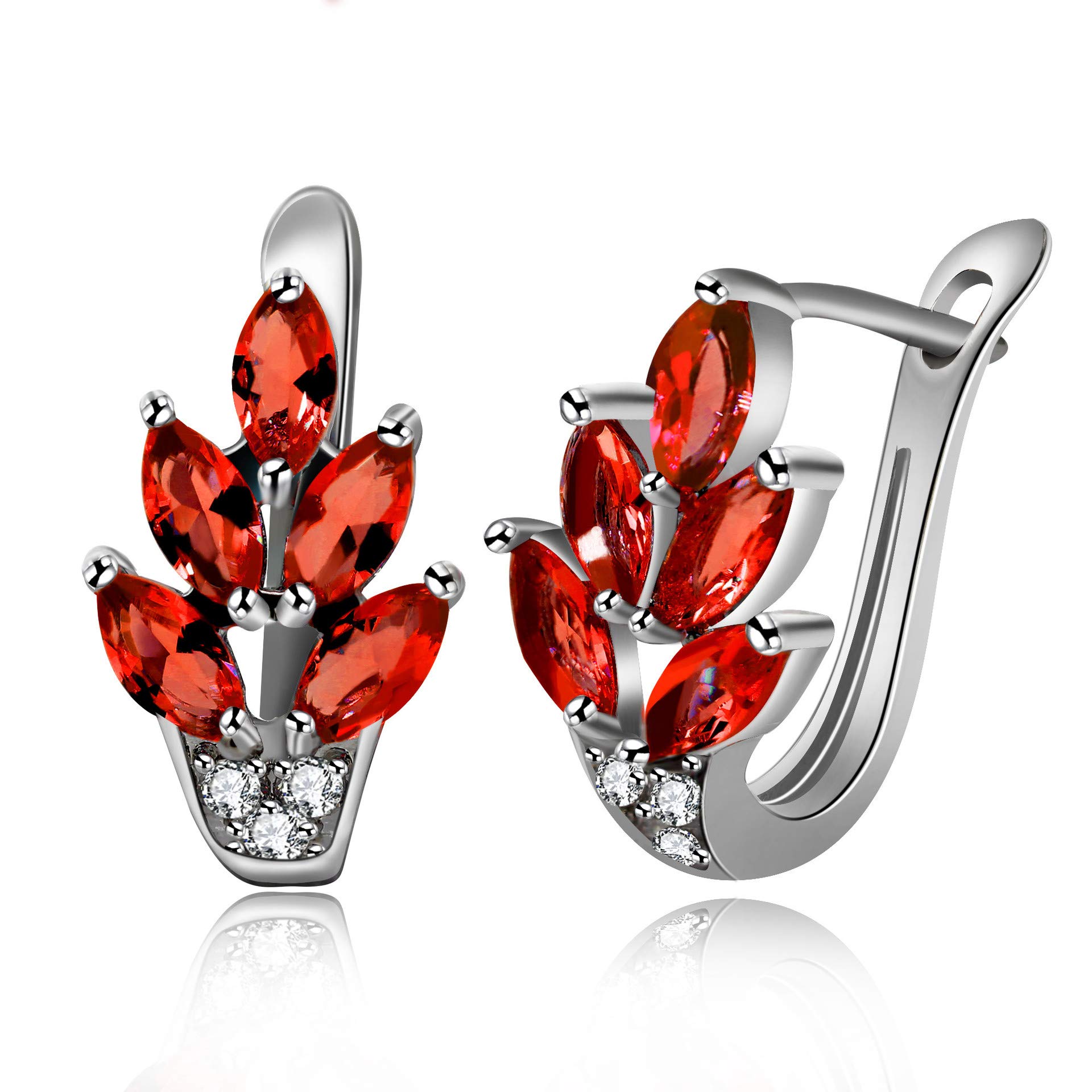 Uloveido Women White Gold Plated Red CZ Crystal Leaf U-Hoop Earrings Birthstone Earrings Wedding Simulated Garnet Y337 (Red)