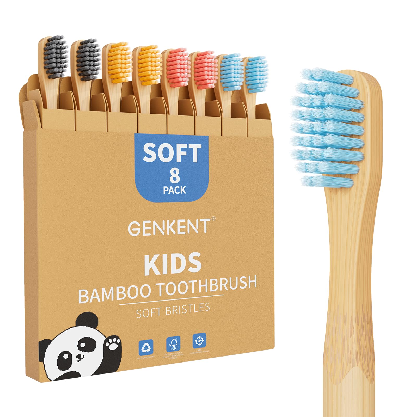 Photo 1 of GENKENT 8 Counts Kids Bamboo Toothbrushes BPA Free Soft Bristles Travel Tooth Brush Natural Charcoal Toothbrush