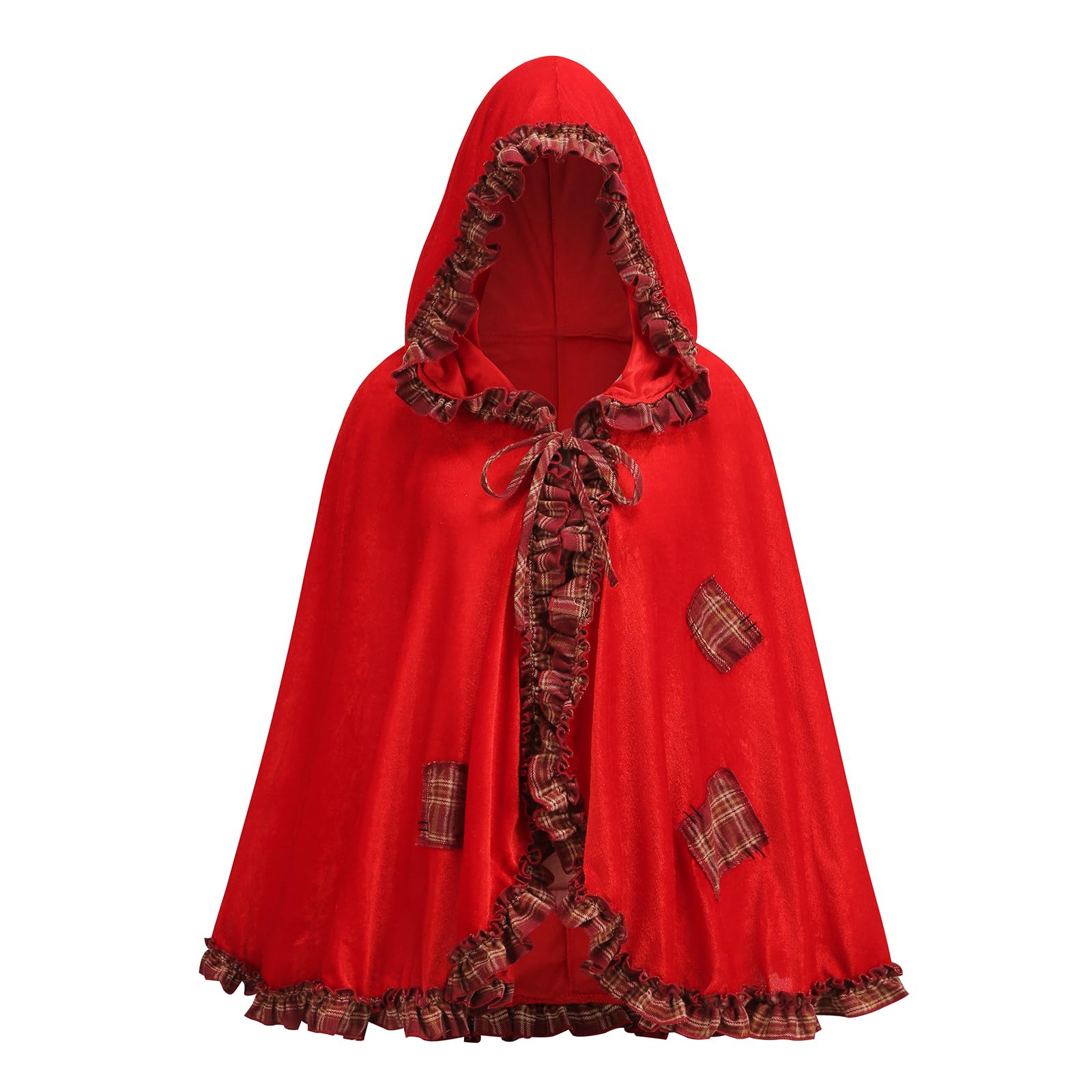 maxToonrain Red Riding Hood Cape Hooded Red Cape Cloak Adult Velvet Little Riding Hood Costumes Fairytale Character Halloween World Book Day Outfit for Women (Plaid Ruffled Trim,60cm) — image 1