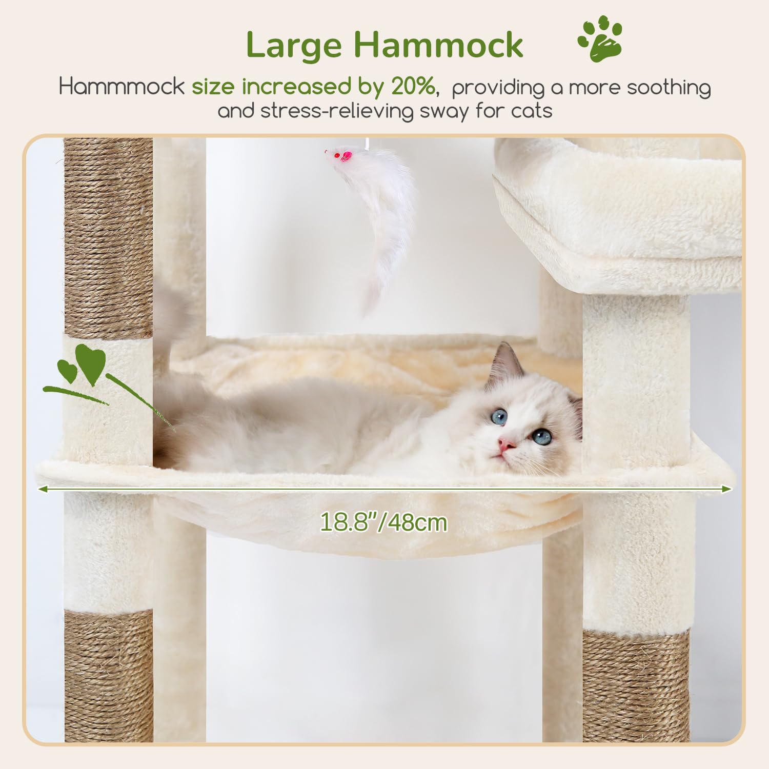 A cat relaxing in a large, comfortable hammock on the cat tree, with dimensions indicated.