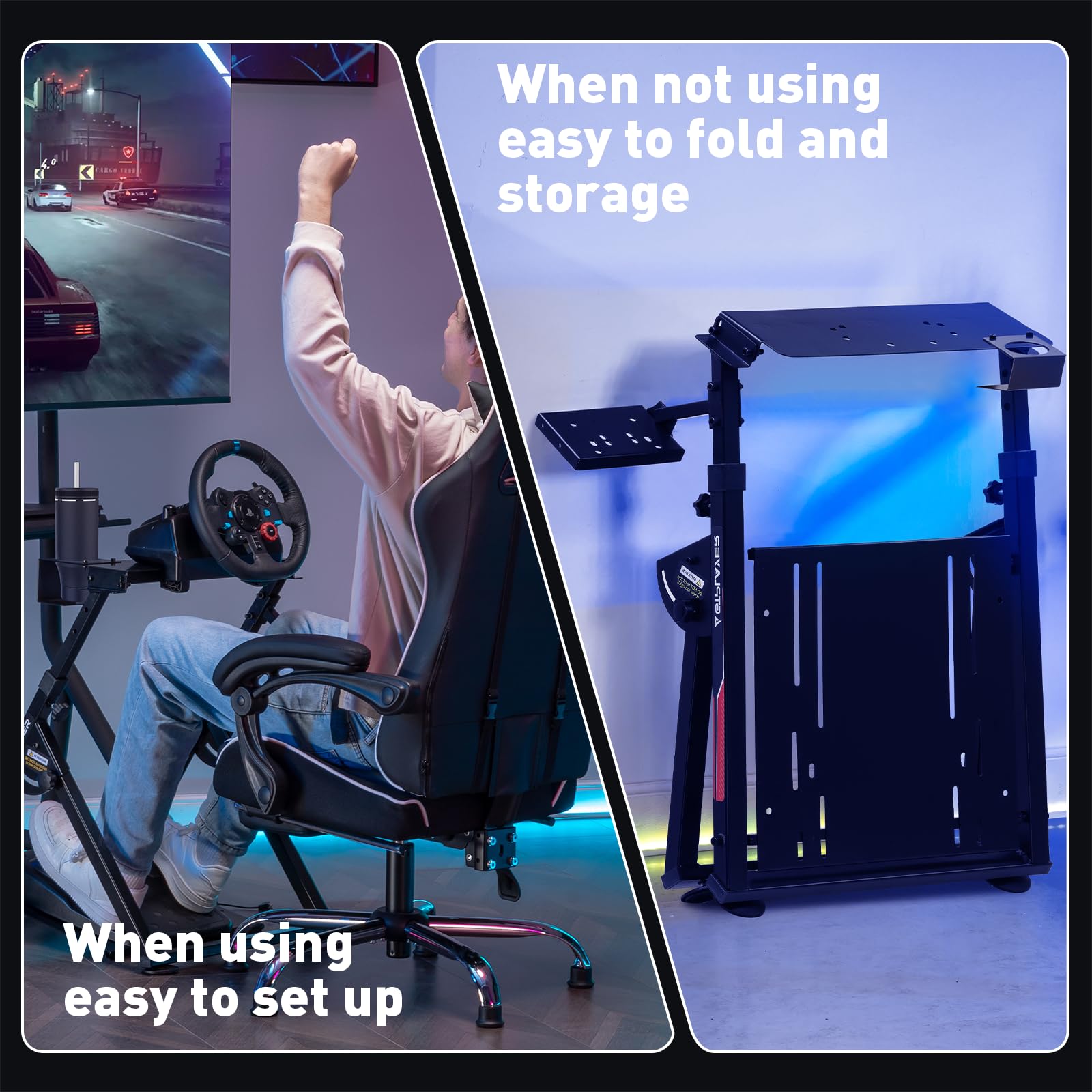 GTPLAYER Sim Racing Wheel Stand Simulator Cockpit Wheel Stand fit for Logitech G25 G27 G29 G920 G923 Thrustmaster T330TS Gaming Stand Wheel Pedals NOT Included, Deep Black With Cup Holder