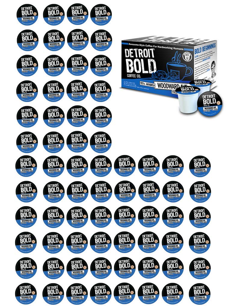 DETROIT BOLD WOODWARD AVE Hand Crafted Gourmet Single Serve Coffee, 72 Count K-Cup Style Pack, 100% Arabica Made In USA, Fresh Roasted Dark Strong Coffee, High Caffiene, Office Coffee, Great Gift Idea