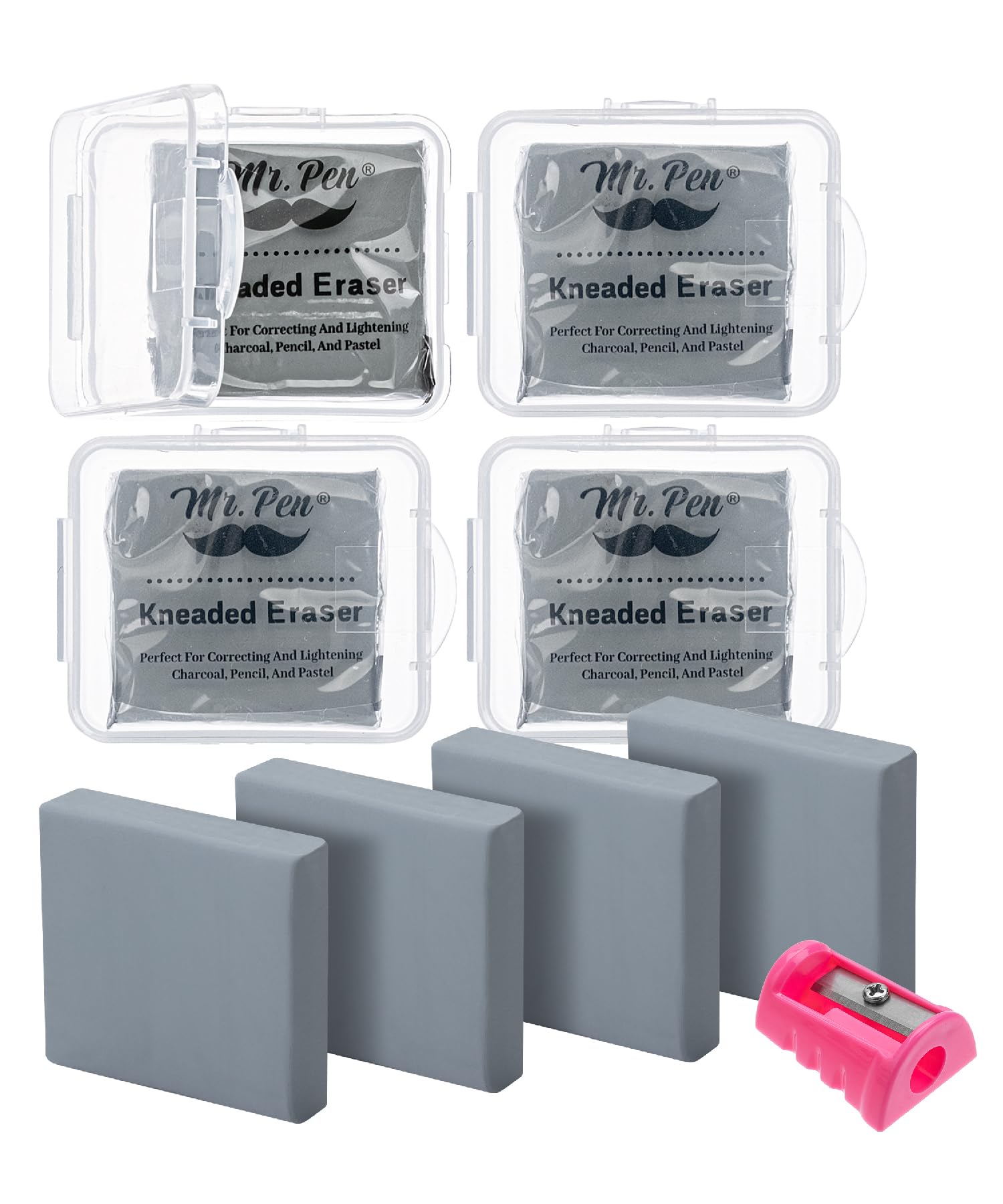 Photo 1 of Mr. Pen- Kneaded Eraser, 4 pcs, Gray, Kneaded Erasers for Artists with 1 Sharpener, Gum Eraser with Storage Case, Kneadable Erasers