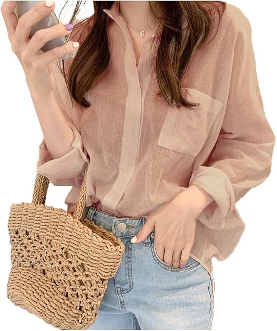 Amazon ヴォンヴァーグ ブラウス シースルー ビッグシャツ きれいめ カジュアル 女性らしさ 万能 アイテム オーバーサイズ シルエット ゆとり サイズ感 ルーズ感 ふんわり 柔らか ナチュラル コーラルカラー 甘め 涼しげ フェミニン 洗練 上品 お洒落 カットソー 一枚